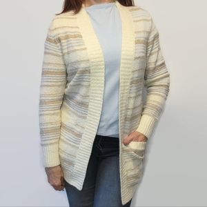 L.L. Bean Striped Ivory Tan and Gray Cardigan Sweater